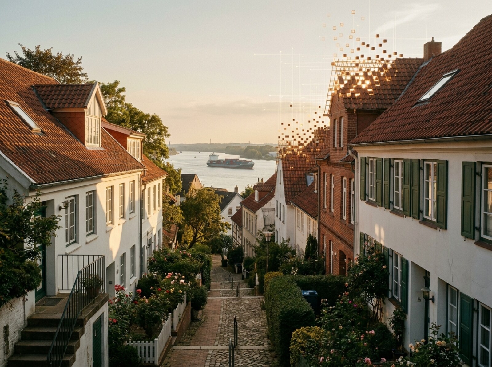 Das Treppenviertel in Hamburg-Blankenese am Abend; einzelne Häuser und Treppenstufen lösen sich in ein Raster leuchtender Würfel und Datenlinien auf