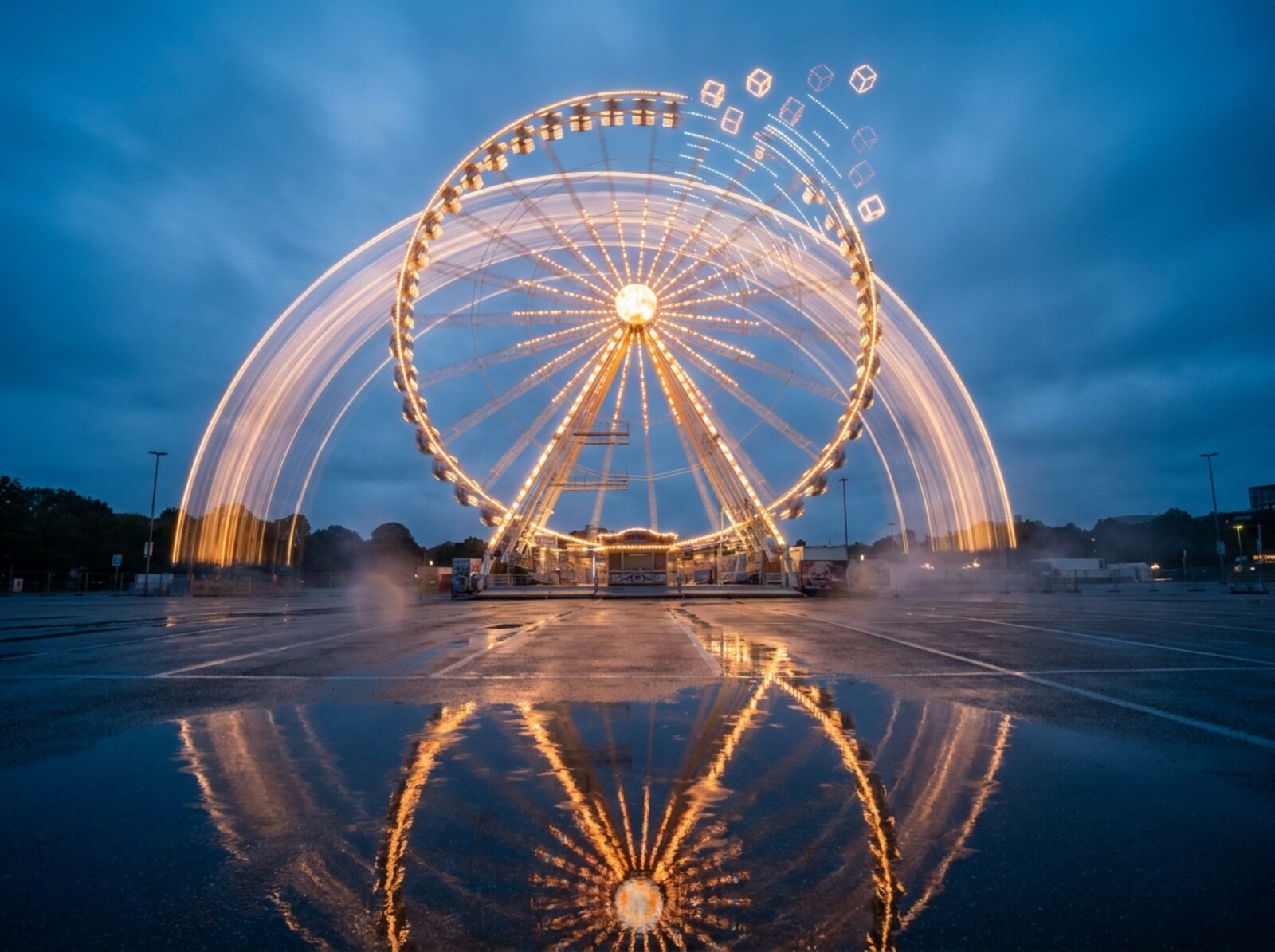 Das Riesenrad des Hamburger Doms bei Nacht; ein Teil der Lichter und Speichen löst sich in leuchtende Würfel und Datenlinien auf