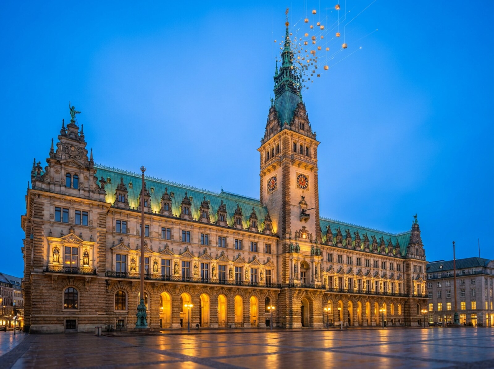 Das Hamburger Rathaus in der Dämmerung; Teile der Turmspitze und der Fassade lösen sich in leuchtende Würfel und Datenlinien auf
