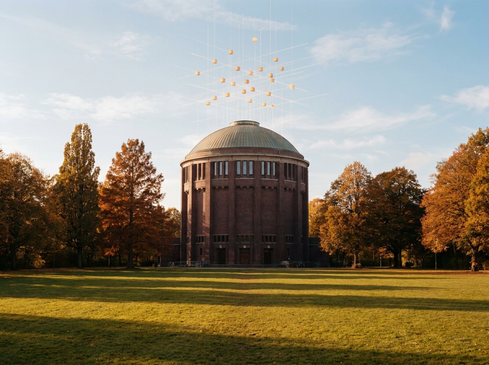 Das Planetarium im Hamburger Stadtpark bei Nacht; die Kuppel und die angestrahlte Fassade lösen sich in ein Raster leuchtender Würfel und Datenlinien auf